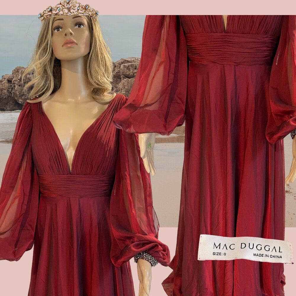 NEW MAC DUGGAL Garnet CHIFFON Sheer BLOUSON SLEEVE Surplice A-LINE GOWN 8